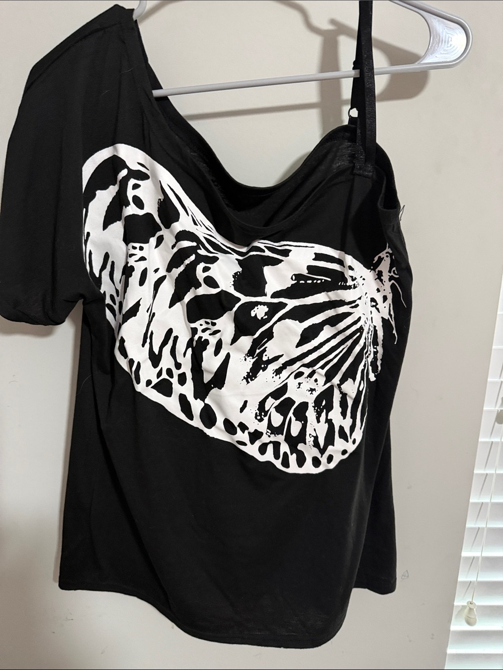 Black White One-Shoulder Butterfly Print Women's Top XL